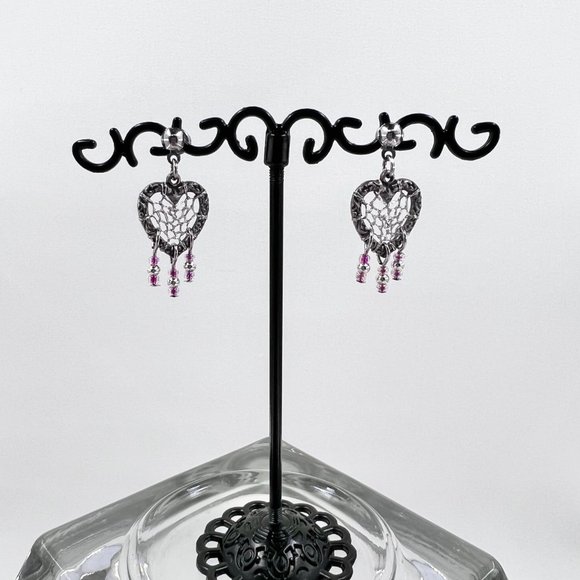 New / Hand Crafted - Silver Tone Heart Dreamcatcher & Pink Beaded Post Earrings. - Picture 2 of 7